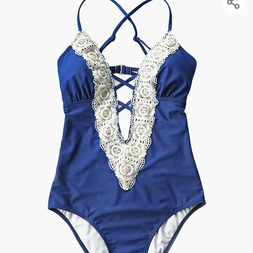 Cupshe lace vintage blue one Piece swimsuit large